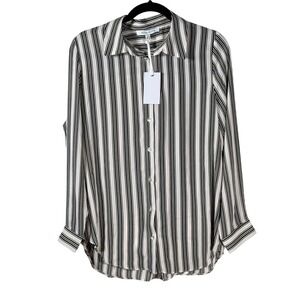 Rose Olive Striped Button Down Shirt Womens Medium Black White Long Sleeve NEW!